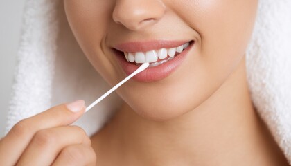 Smiling woman with a towel on her head is using a cotton swab to apply a cosmetic product to her lips, showcasing personal care and beauty routine