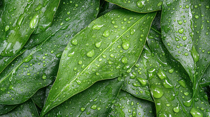 Fototapeta premium Fresh green leaves glistening with dew droplets, showcasing natural purity and vitality