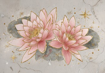 Watercolor-style illustration two pink water lilies with gold accents & stars on a cracked background