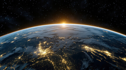 Obraz premium Stunning view of Earth from space, showcasing glowing city lights and sunrise on horizon