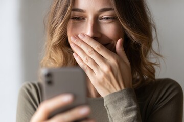 Woman with long hair, wearing a green sweater, is laughing quietly while looking at her smartphone, capturing a joyful moment of connection and happiness