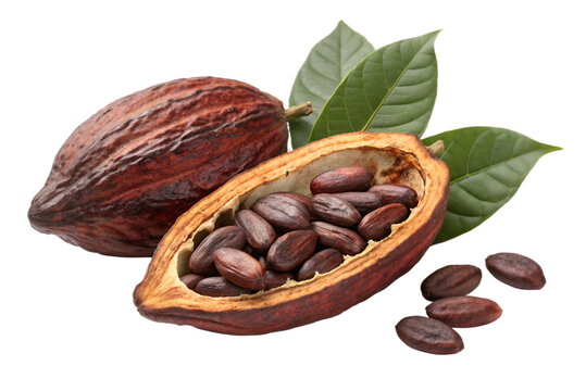 Ripe Cacao Pod Cut Open Revealing Dark Brown Beans and Green Leaves cocoa seed