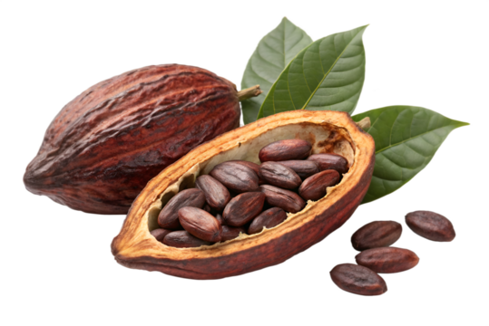 Ripe Cacao Pod Cut Open Revealing Dark Brown Beans and Green Leaves cocoa seed