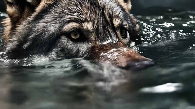 Intense wolf face rising from the water, piercing stare and dripping fur delivering raw, primal energy&mdash;perfect for wildlife documentaries, adventure branding, and dramatic storytelling that demands at