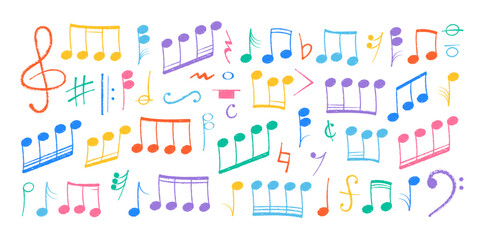 Crayon pastel or chalk music note signs doodle hand drawn symbol shapes set. Chalkboard textured musical symbols treble, bass clefs, pauses doodle collection.