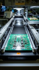 Medium shot of populated PCB entering reflow oven, showcasing intricate circuitry and components, highlighting the manufacturing process in a modern electronics facility