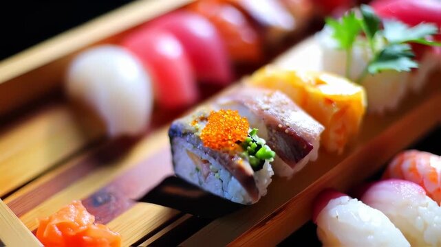 Assorted sushi pieces on a wooden tray