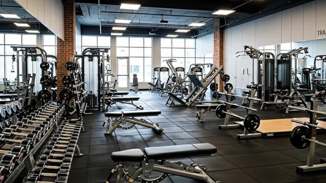 Modern Fitness Center Weight Training Area - A spacious and well-equipped modern gym interior featuring various weight training machines, dumbbells, and weight benches.