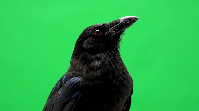 A thoughtful crow looking up intently at something above, isolated on a green screen design element, animation, isolated bird