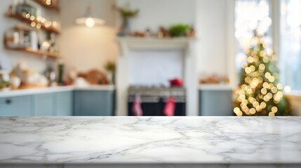Marble kitchen countertop, with Christmas tree and festive lights in cozy kitchen background, copy space