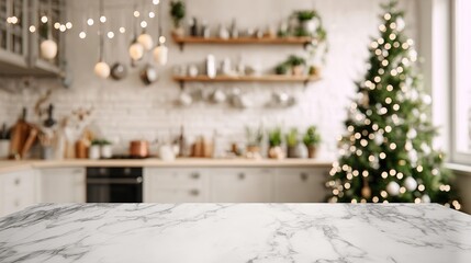 Marble kitchen countertop, with Christmas tree and festive lights in cozy kitchen background, copy space