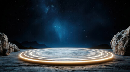 Fototapeta premium Glowing circular platform surrounded by rocky terrain starry sky creates mystical atmosphere