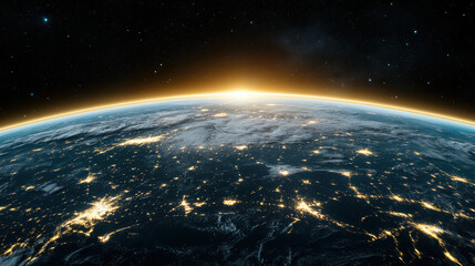 Fototapeta premium Stunning view of Earth from space, showcasing planet curvature and illuminated cities night