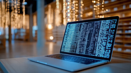 Laptop displaying code screen, illuminated by soft lights modern setting, creates tech savvy