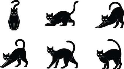 Black cat silhouette collection, feline poses vector set, animal body language, pet movement icons, cad drawing flat vector illustration