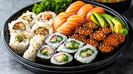 Delicious sushi platter featuring various rolls, fresh fish, and vibrant colors