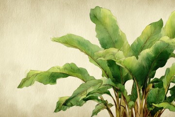 Watercolor illustration of tropical plant with large green leaves on a textured, sepia background