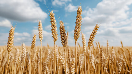 Fototapeta premium Golden wheat fields sway gently under bright blue sky with fluffy clouds