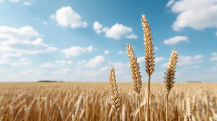 Naklejka premium Golden wheat stalks sway gently under bright blue sky with fluffy clouds