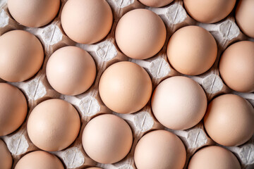 Top view of fresh brown eggs in carton