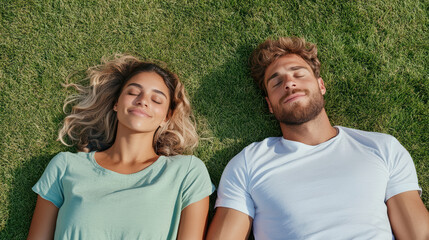 Couple lying on grass, eyes closed, enjoying peaceful moment together under sun