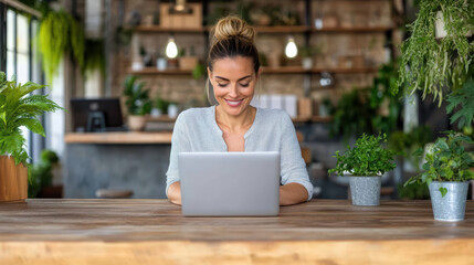 Creative professionals work in coworking space, focused on their laptops surrounded by greenery