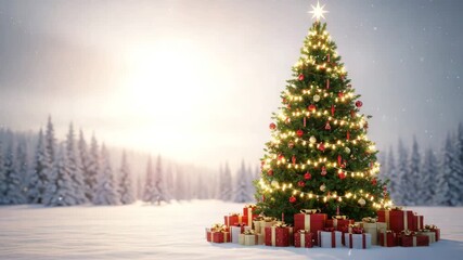 A festive christmas tree stands in a snowy landscape with gifts around it - Powered by Adobe