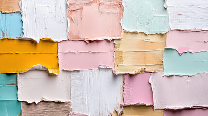 Colorful torn paper textures create vibrant collage of pastel shades and patterns