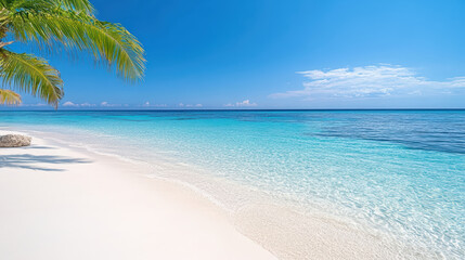 Fototapeta premium Crystal clear turquoise ocean with white sandy beach and palm trees under bright blue sky