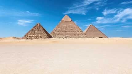 Desert landscape with Pyramids of Giza blue sky, showcasing ancient architecture and history