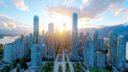 Dramatic aerial view of modern city skyline with tall buildings and sunset glow