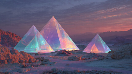 Crystalline pyramids glowing with iridescent light in a surreal desert landscape