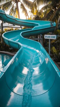 Vibrant turquoise water slide twists through tropical palm trees near pool