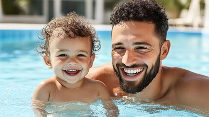 Father and child enjoying swimming in pool, sharing joyful moments together