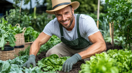 Gardener smiling while working in organic vegetable garden, cultivating fresh greens with care