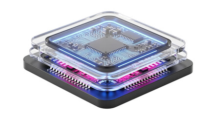 Conceptual illustration of a modern electronic processor chip with intricate circuitry and glowing blue and pink lights, representing advanced technology and computing power