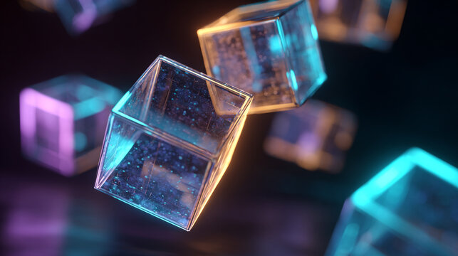 Abstract glowing glass cubes floating in dark space with neon light