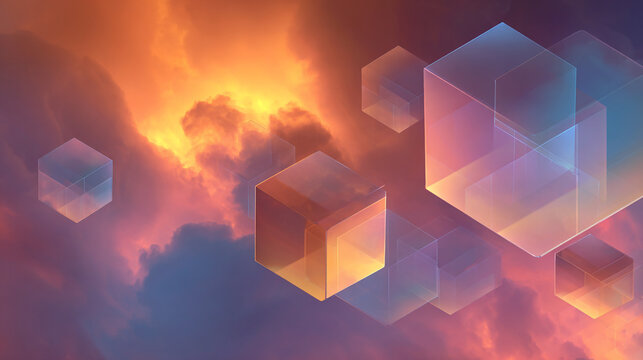 Abstract geometric cubes floating in a colorful, cloudy sky