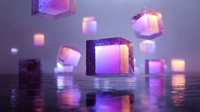 Abstract glowing purple cubes floating above a wet reflective surface