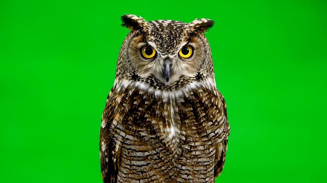 A majestic owl with glowing eyes hooting and looking around, isolated on green screen vision, animal, secretive