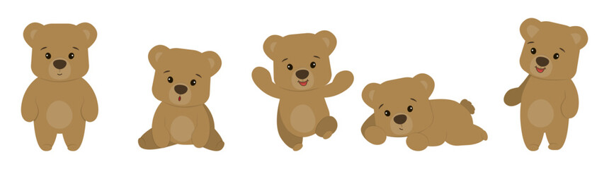 Five adorable bears in different poses and expressions. This vector illustration showcases the bears sitting, standing, lying down, and waving, perfect for kids media or decoration.