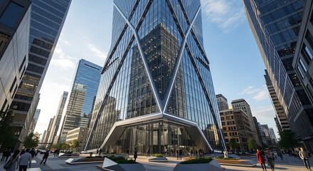 Urban modern glass building with futuristic diagonal shapes and reflective skyscraper design