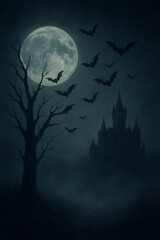 Image of a dead tree with black bats flying around, mist and a full moon, and castles/old buildings in the background.
