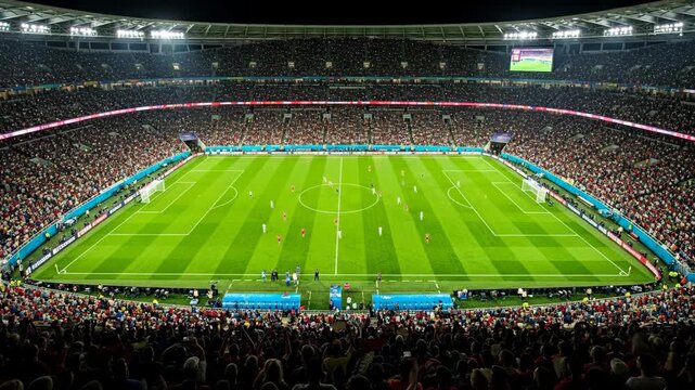 Illuminated Football Stadium at Night - A large, packed football stadium at night, brightly lit, showcasing a soccer game in progress.