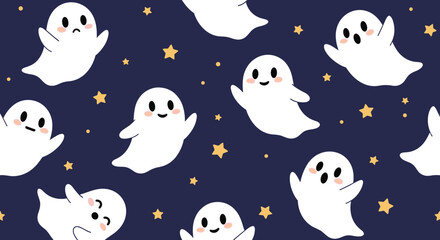 Cute whimsical ghosts floating among the stars on a dark night.