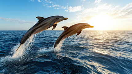 Obraz premium Dolphins jumping out of ocean waves at sunrise, creating joyful scene