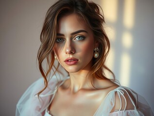 Fototapeta premium Timeless Beauty: A captivating portrait of a woman, her serene face framed by softly styled hair, showcases the allure of classic elegance and sophistication, enhanced by delicate pearl earrings.