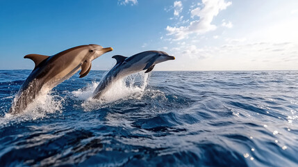 Fototapeta premium Dolphins jumping out of ocean waves at sunrise, showcasing their playful nature and beauty