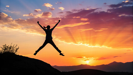 Silhouette of a woman jumping with joy against a sunset sky