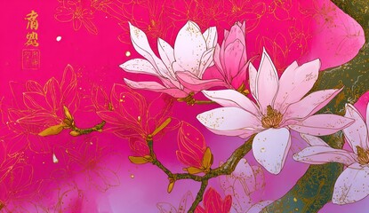 Floral artwork depicts vibrant magnolia blooms on a crimson backdrop, elegant gold accents